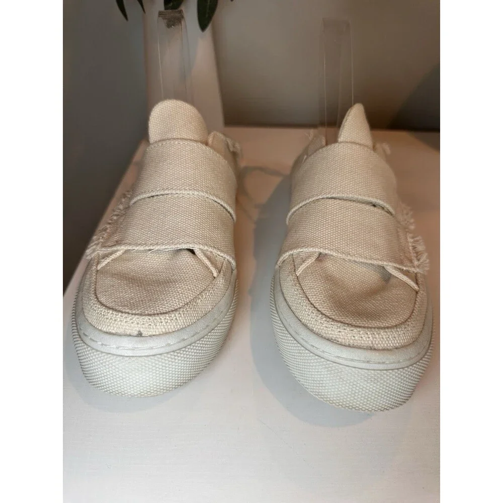 Zara Trafaluc Beige Canvas Raw Edge Mule Sneaker Slip On Shoes Womens Size 7.5